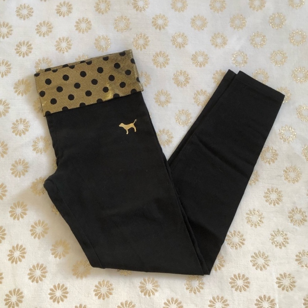 PINK Victoria's Secret Black Leggings with Gold Polka Dot Waistband